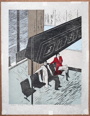 Piet Lont - Wachtende 2 Schiphol, houtsnede op japans papier kopen? Bied vanaf 40!