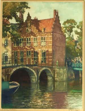 Hendrikus Roodenburg - Ets, “Avondzon Amsterdam” – ingelijst - 1948 verkocht voor € 10!