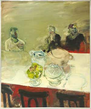 Annemarie Fischer - Olieverf op doek, Gedekte tafel met drie figuren - Ingelijst (Zeer Groot) verkocht voor € 500!