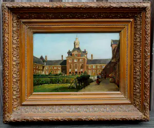 Carel Jacobus Behr - Ingelijste olieverf op paneel: het hofje van Nieuwkoop in Den Haag kopen? Bied vanaf 1000!