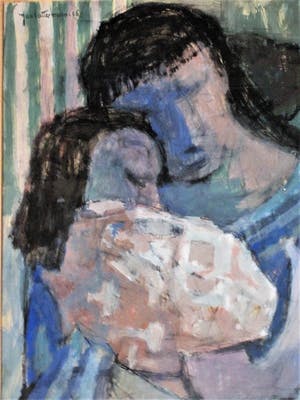 Jan Battermann - Vertederend jaren 50 gesigneerd Pastel "Moeder en Kind" GROOT!! kopen? Bied vanaf 10!