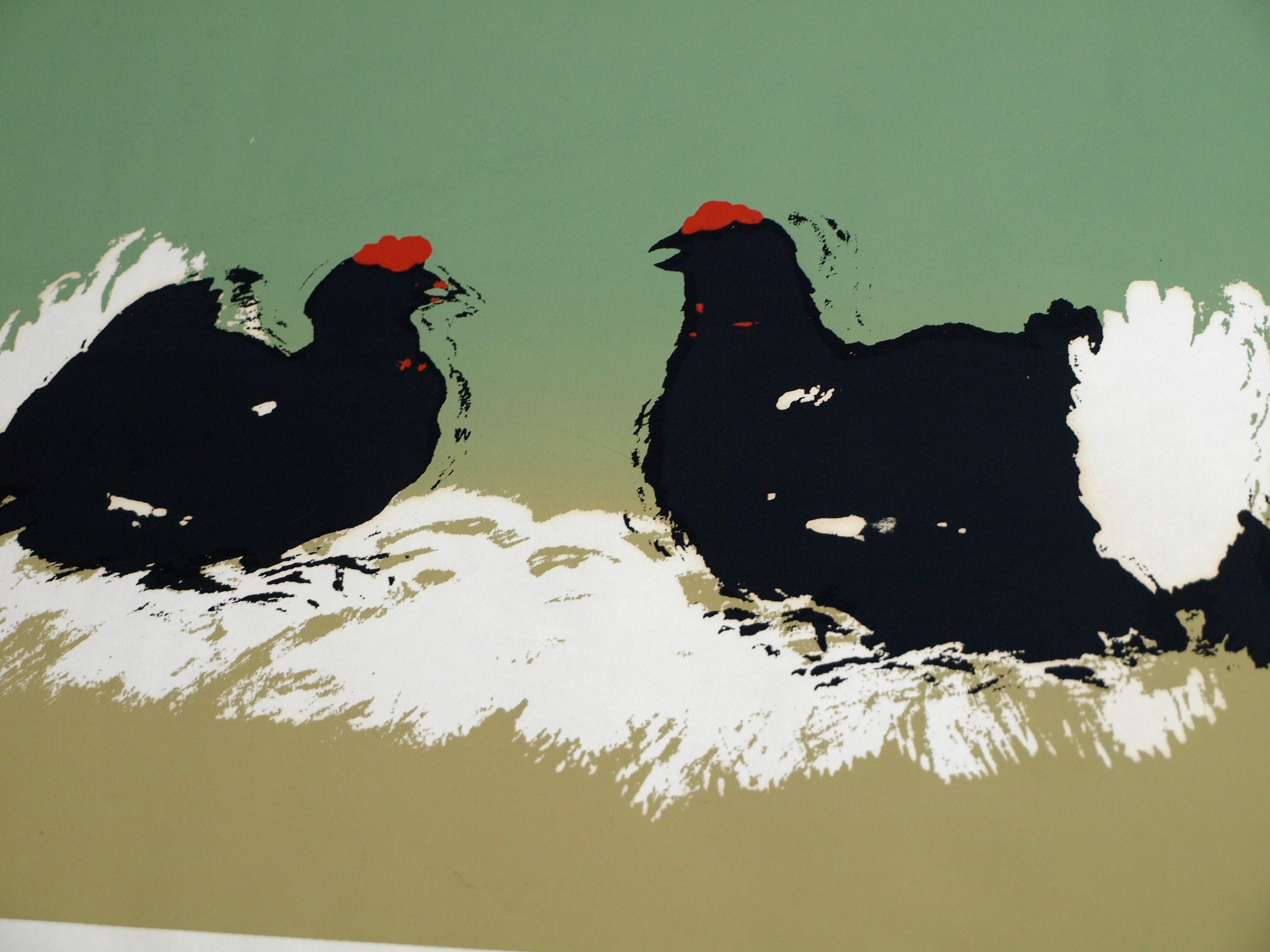 Niet of onleesbaar gesigneerd - Zeefdruk , 2 Zwarte kippen – gesigneerd – 1980 – oplage 10/20 kopen? Bied vanaf 1!