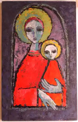 Niet of onleesbaar gesigneerd - Gemengde techniek / Tempera(?) op board , Maria met kindje Jezus - 1962 verkocht voor € 1!