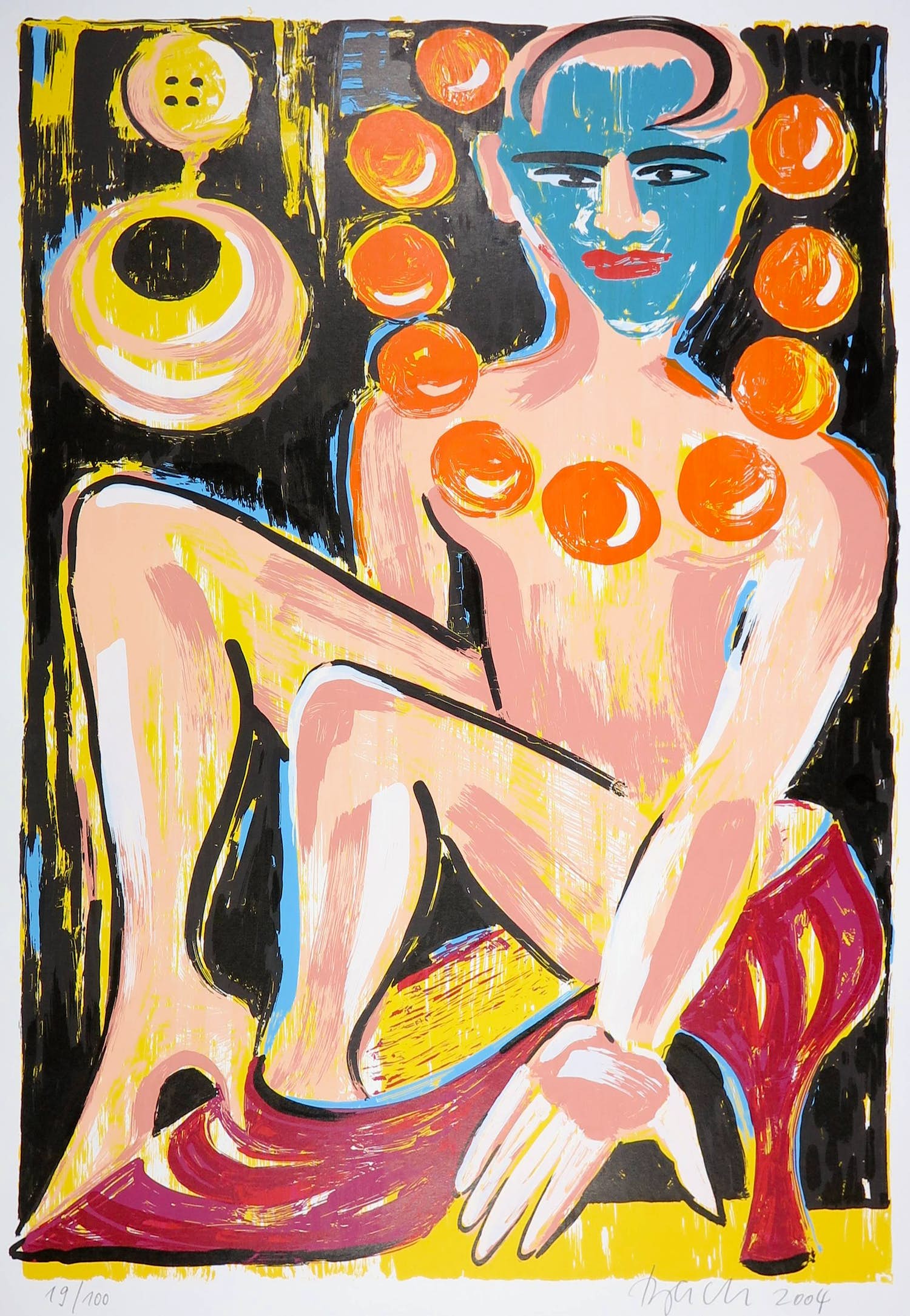 Elvira Bach - Siebdruck, Blatt für Unicef' (Sitzende in rotem Stöckelschuh) verkocht voor € 350!