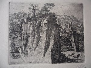 Gerard Lutz - Ets , landschap met paarden. kopen? Bied vanaf 45!