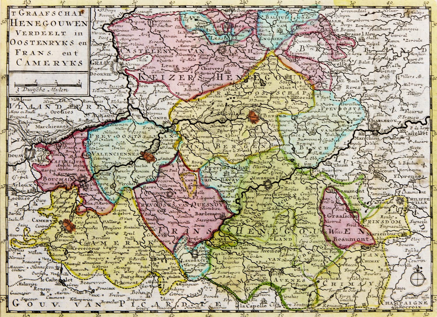 Jan Barend Elwe - & Dirk Meland Langeveld (uitgever), Handgekleurde gravure, Graafschap Henegouwen verkocht voor € 1!