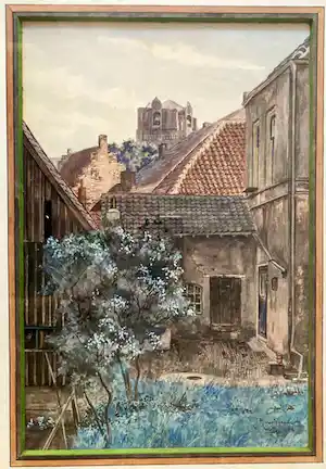 Jan Roelof van Nijendaal - Wijk bij Duurstede binnentuin met huizen en zicht op Grote Kerk vendu pour 162€ !