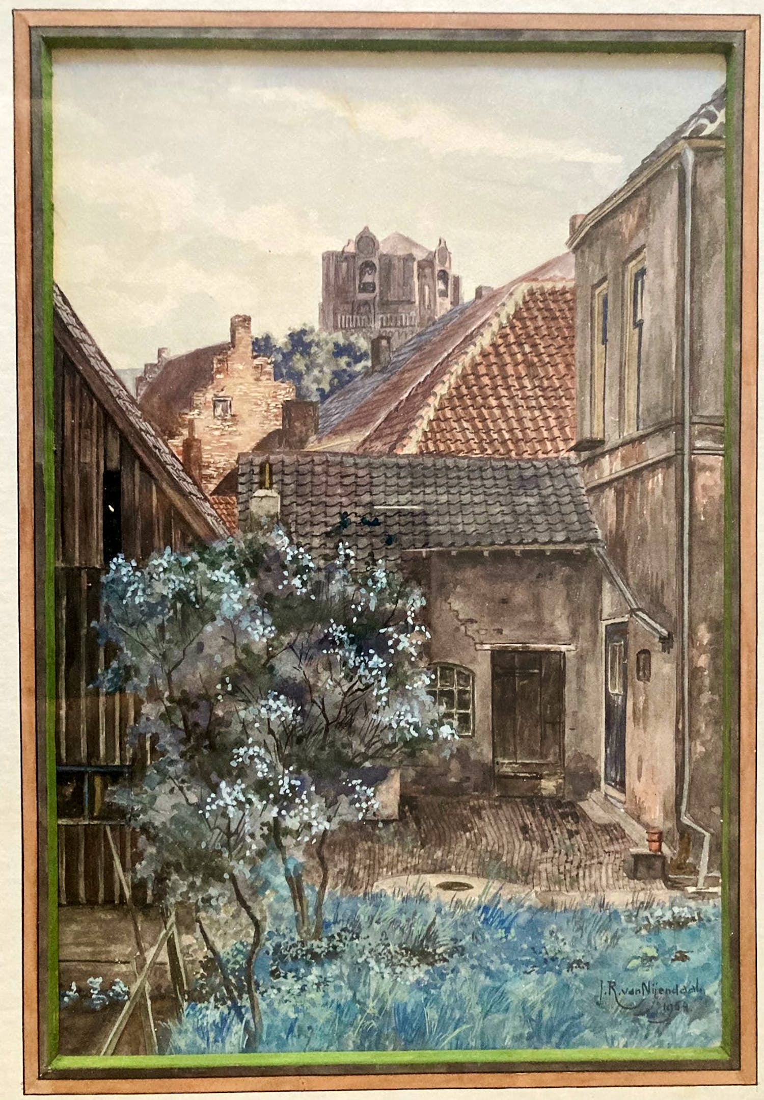 Jan Roelof van Nijendaal - Wijk bij Duurstede binnentuin met huizen en zicht op Grote Kerk verkocht voor € 179!