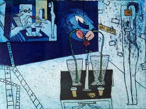 Michel van Overbeeke - Communicatie I - ets/aquatint - ingelijst verkocht voor € 89!