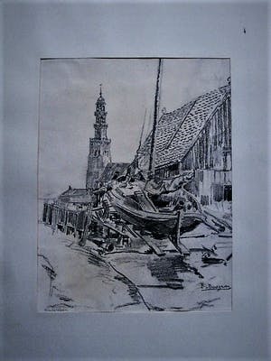 Buy Berend Adrianus Bongers - potloodtekening omstreeks 1920 - haven van Hindelopen - gesigneerd? Bid from 19!