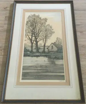 Roger Hebbelinck - Fraai ingelijste kleuren ets met Vlaams herfstlandschap kopen? Bied vanaf 40!