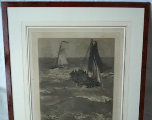 Hendrik Willem Mesdag - & C.L. Dake : Grote ingelijste ets , Vissersboten bij Scheveningen – 1879 kopen? Bied vanaf 1!