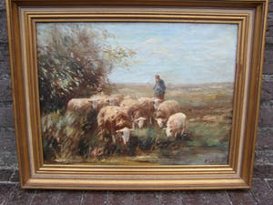 Piet Bouter - Landschap met schapen en boer. kopen? Bied vanaf 100!
