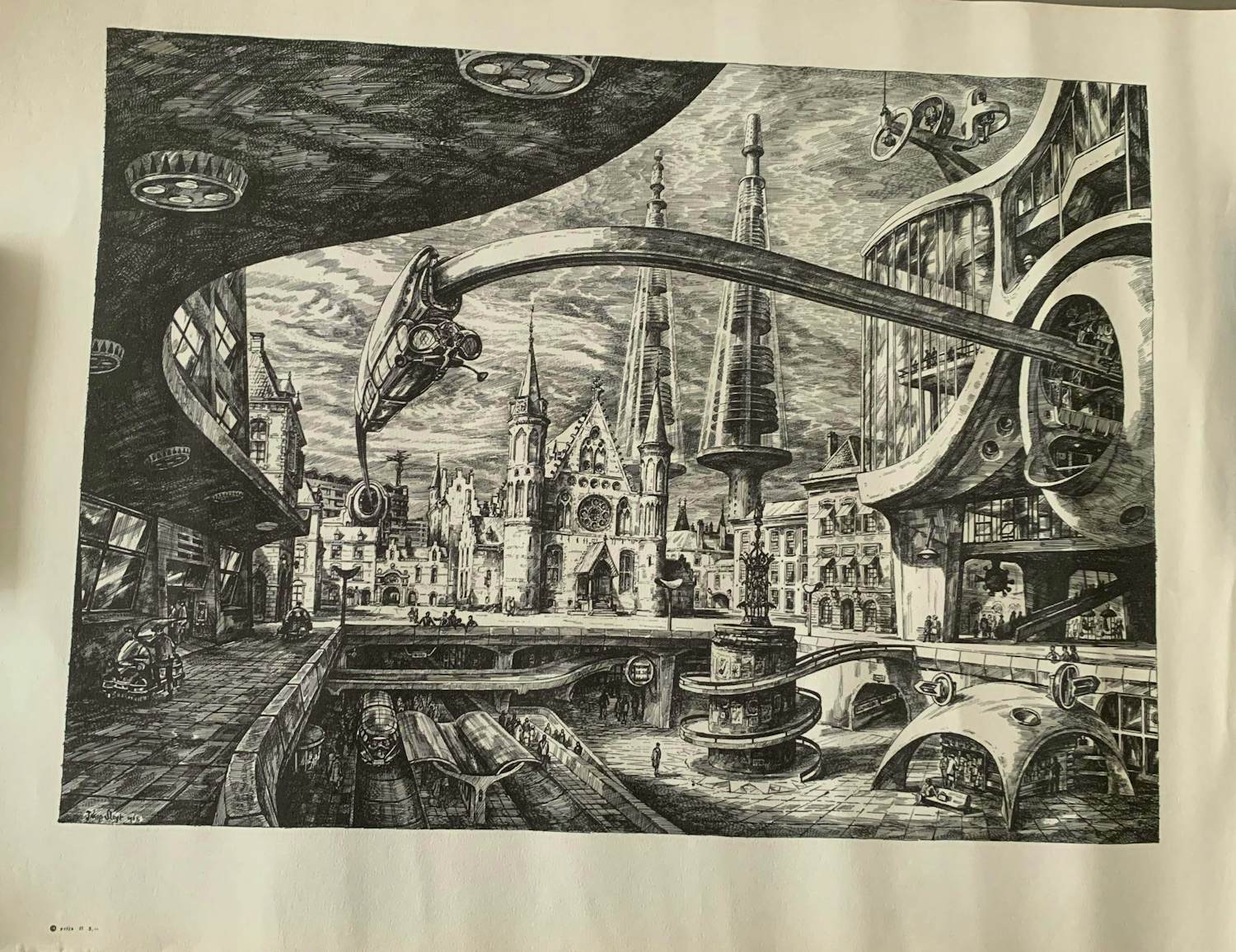 Jakop Slegt - Jakop Slegt - off-set print uit 1965 - Surrealistisch Futuristische Stad kopen? Bied vanaf 70!