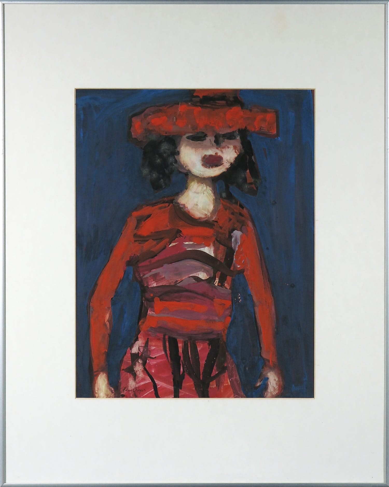 Helen Sieger - Gouache, Vrouw in rood - Ingelijst verkocht voor € 100!