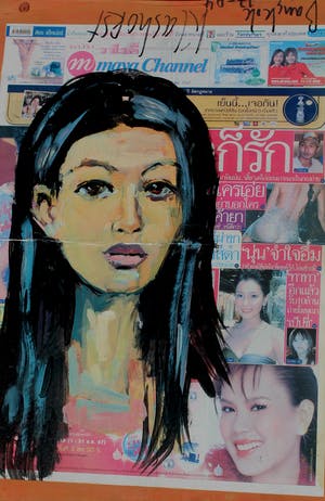Peter Klashorst - ingelijst acryl op Thaise krant op board - 2004 kopen? Bied vanaf 199!