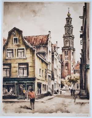 Roger Hebbelinck - Amsterdam met de Westertoren - ets/aquatint oplage 100 verkocht voor € 50!