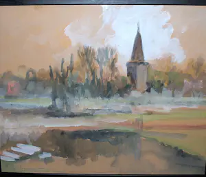 Theo Swagemakers - dorpsgezicht met kerk kopen? Bied vanaf 120!