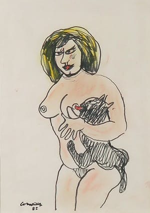 Corneille - Ingelijste pastel- en viltstifttekening, Femme et chat noir kopen? Bied vanaf 1!