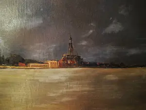 Niet of onleesbaar gesigneerd - omstreeks 1930 geschilderd olieverf "stad aan het water" (Dordrecht?) kopen? Bied vanaf 1!