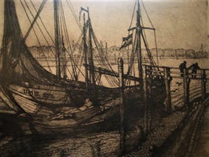 Jan Schonk - GROTE gesigneerde ets "Botters in Haven IJmuiden" omstreeks 1930 kopen? Bied vanaf 1!