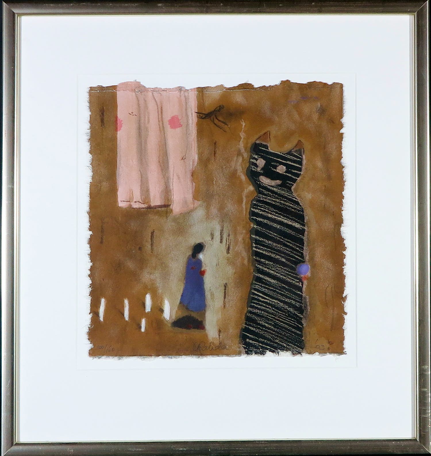 Liesbeth Rahder - Zeefdruk op geschept papier, Zonder titel (De Kat)- Ingelijst verkocht voor € 50!