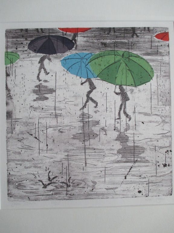 Joke Struik - ingelijste kleurenets, "Hoi, regen!" verkocht voor € 45!