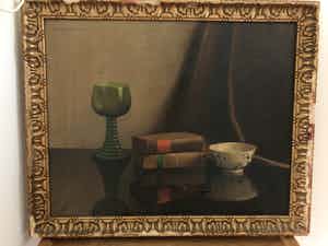 Nico Bruijnesteijn - Stilleven, Glaswerk, Boeken en Chinees Schaaltje verkocht voor € 40!