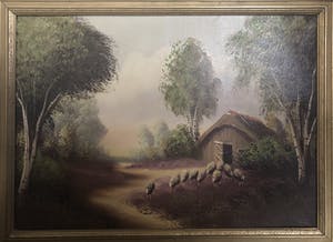 Niet of onleesbaar gesigneerd - Landschap met boerenschuur en schapen kopen? Bied vanaf 1!