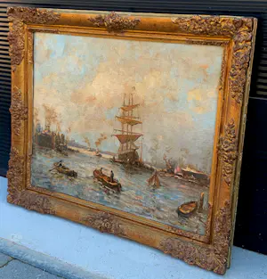 Evert Moll - Ingelijste olieverf: haven van Rotterdam met driemaster kopen? Bied vanaf 795!