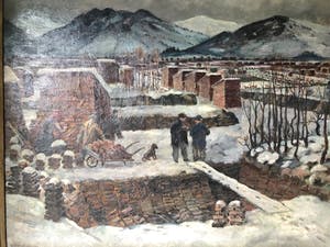 Dora Brandenburg-Polster - Het stapelen van de turf in winter, Olieverf op Doek, Ingelijst - Groot werk! kopen? Bied vanaf 299!