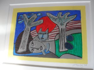 Corneille - Zeefdruk, Complicité entre la femme et l'oiseau - Ingelijst kopen? Bied vanaf 175!