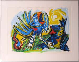 John Lie a Fo - Zeefdruk, Chanson du soleil bleu - Ingelijst verkocht voor € 35!