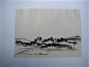 Niet of onleesbaar gesigneerd - Intrigerende 1961 Houtskooltek. "Bergachtig landschap met dorp" gesigneerd kopen? Bied vanaf 1!