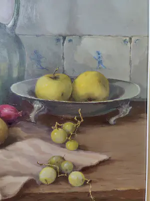 Jan Schaeffer - Tinnen schaal met fruit en groene fles kopen? Bied vanaf 300!