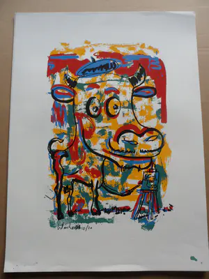 Peter Klashorst - Zeefdruk, titel. " schilderende koe ". kopen? Bied vanaf 35!