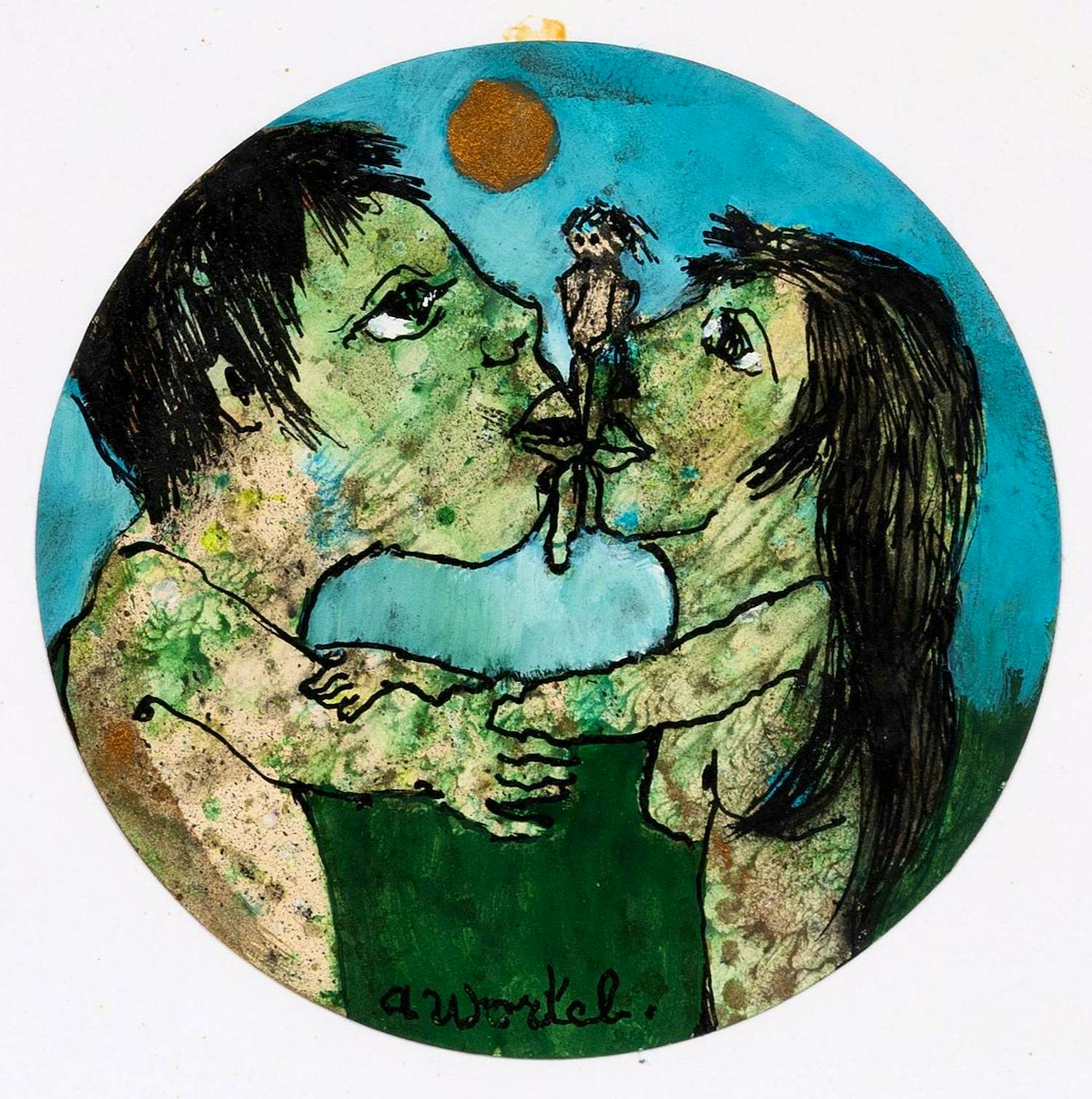 Ans Wortel - Ingelijste gemengde techniek: 'die op haar lange benen ons koos om ertussen...' kopen? Bied vanaf 225!