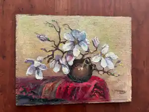 Leonard Pieter Versteeg - bloesemtakje in aardewerk pot (olieverf op doek op paneel) verkauft für € 35!