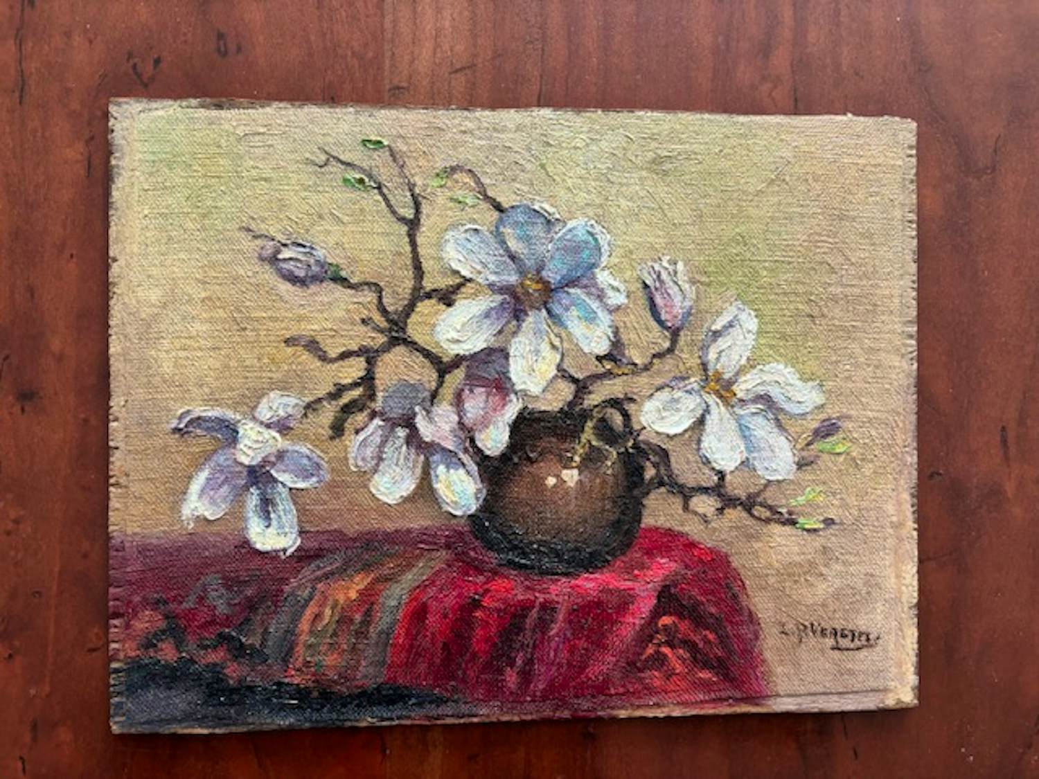 Leonard Pieter Versteeg - bloesemtakje in aardewerk pot (olieverf op doek op paneel) verkocht voor € 35!