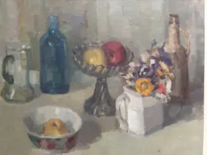 Wil van Dinther - gevarieerd stilleven met oa bloemen en fles wijn kopen? Bied vanaf 195!