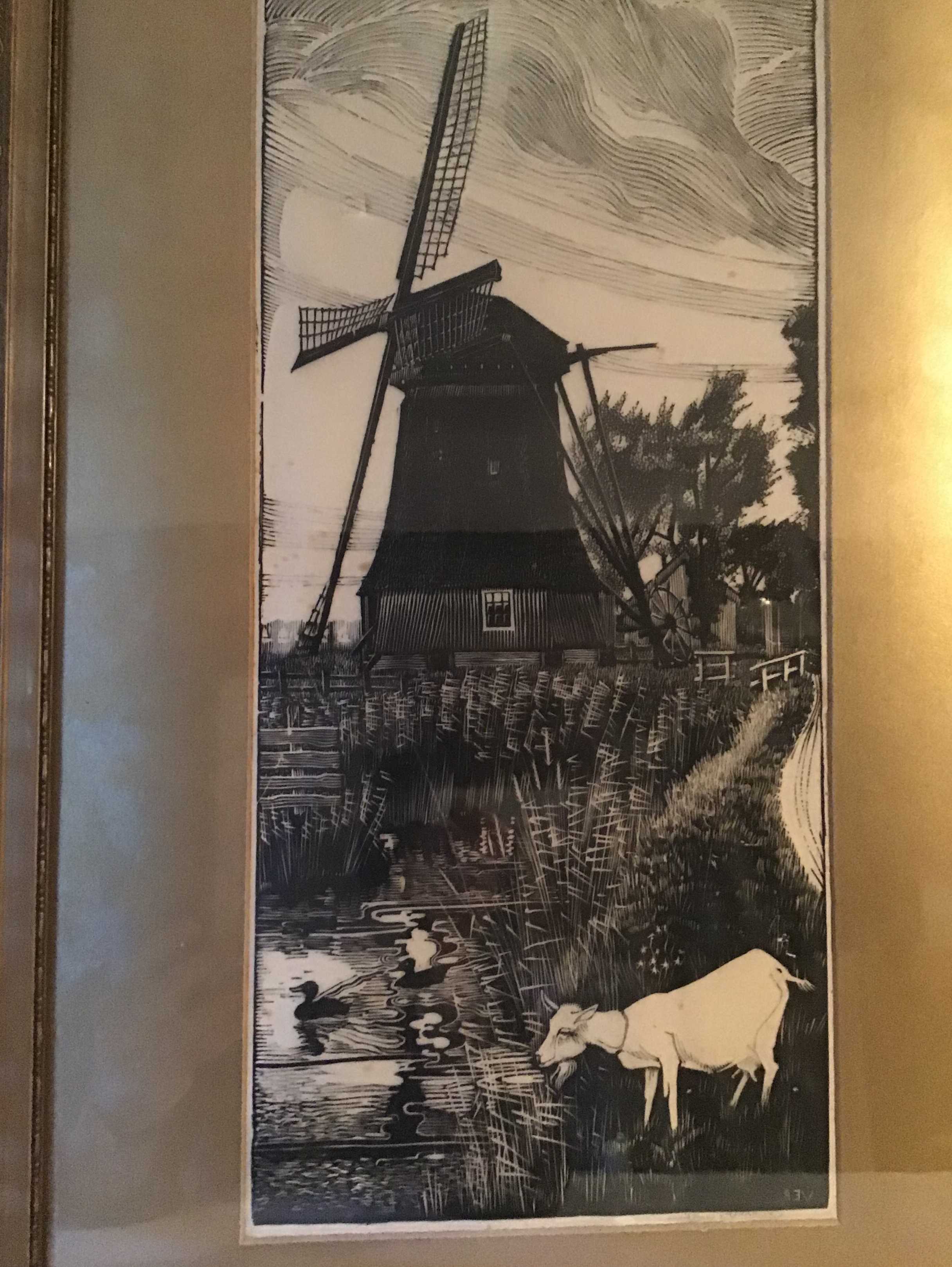 Jan Veringa - 1907-1982 Houtsnede , Molen met geitje aan de waterkant verkocht voor € 40!
