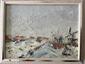 Niet of onleesbaar gesigneerd - Abstracte landschap met molen - Olieverf op paneel, Ingelijs kopen? Bied vanaf 1!