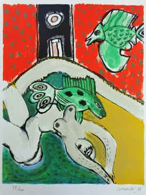 Corneille - LIGGENDE NAAKTE VROUW / KLEURLITHO / 70x50cm / SIG / 1975 verkocht voor € 145!
