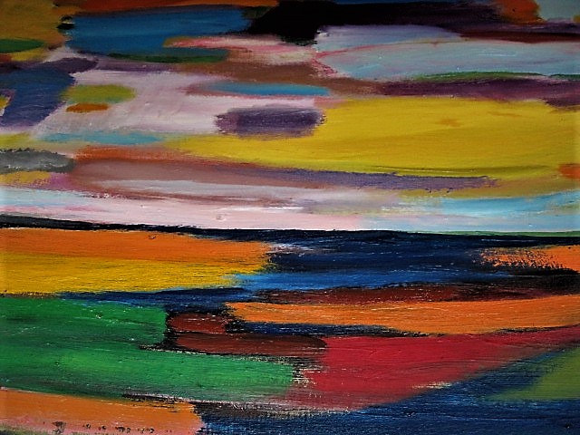 Niet of onleesbaar gesigneerd - Groot Acryl op Doek - Kust gezicht met ondergaande zon - gesigneerd verkocht voor € 1!