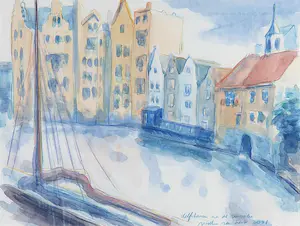Willem van Hest - Gemengde techniek op papier, Delfshaven na de renovatie - Ingelijst kopen? Bied vanaf 1!