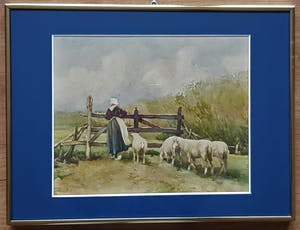 Niet of onleesbaar gesigneerd - boerin met schapen bij hek kopen? Bied vanaf 1!