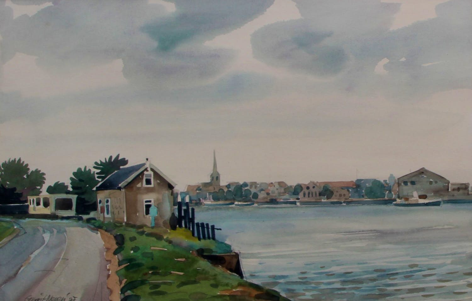 Gerrit Neven - Ingelijste aquarel: IJssel - 1997 kopen? Bied vanaf 199!