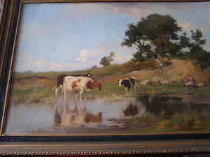 Adrianus Johannes Groenewegen - Koeien, kalf, schapen en boerin in landschap bij waterplasje kopen? Bied vanaf 250!