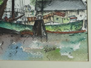 Niet of onleesbaar gesigneerd - Gesigneerd “Belleke ?” , Aquarel - “Molen aan de haven” – ingelijst kopen? Bied vanaf 10!
