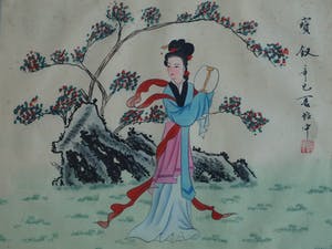 Niet of onleesbaar gesigneerd - 2 ingelijste schilderijen op zijde , Chinees? Japans?, Vrouw in landschap kopen? Bied vanaf 1!